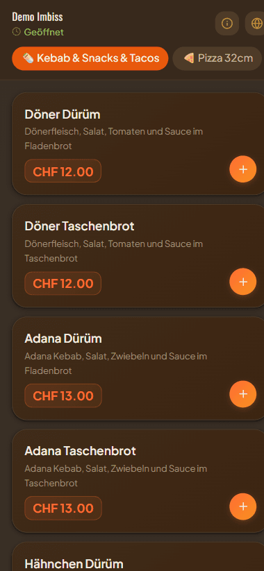 Die Bestellseite eines Restaurants auf einem Smartphone